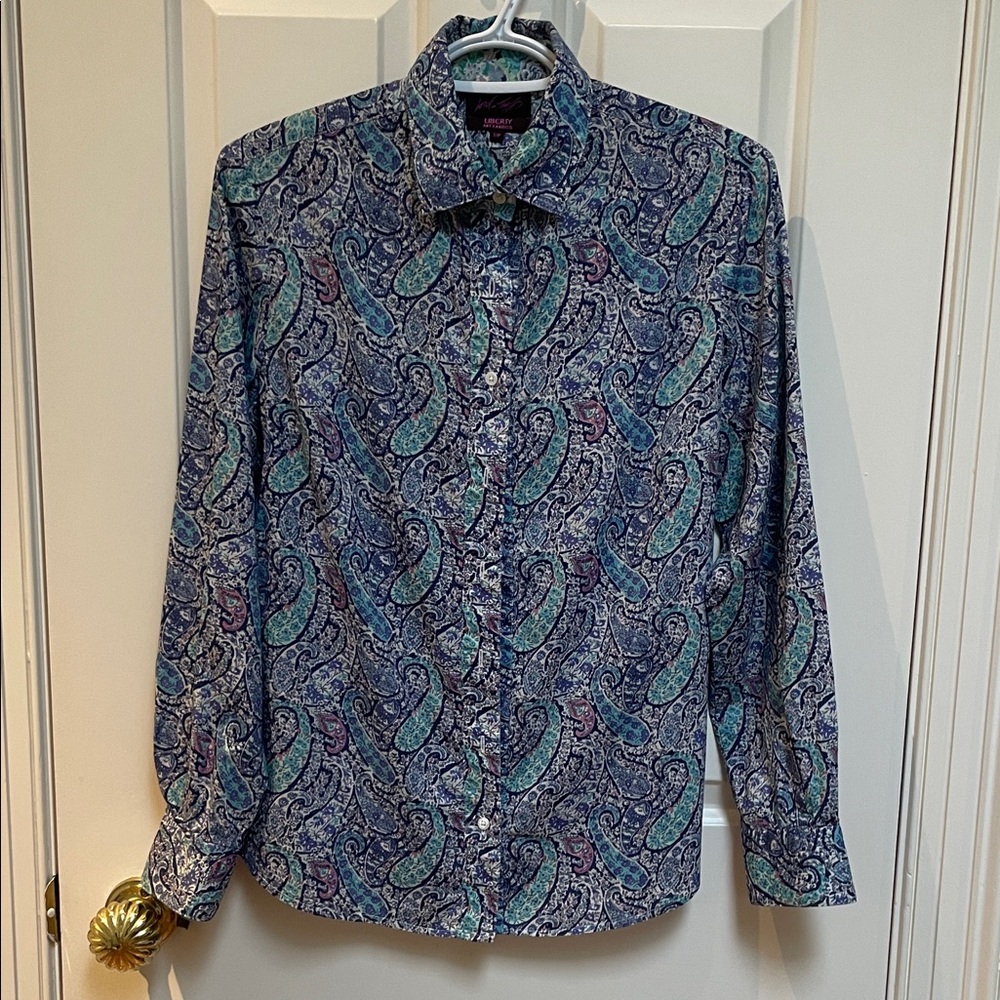 Lord & Taylor sz S LIBERTY ART FABRICS button down paisley shirt aqua lilac pink
